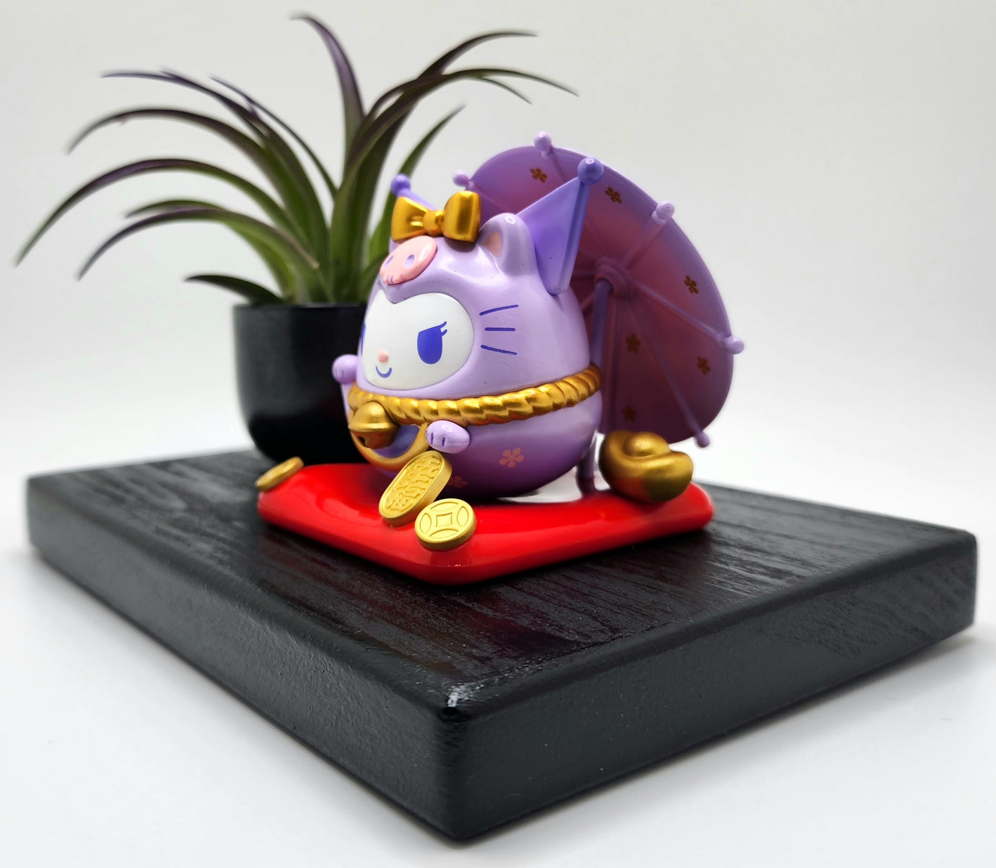 Sanrio KUROMI Lucky Cat, Brachycaulous Air Plant, and Display Base